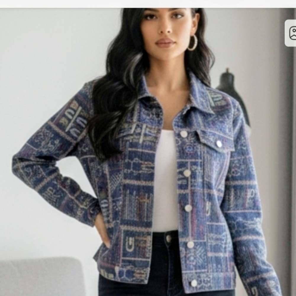 Chico's Blue and Red Patterned Jean Jacket Size 2 (Fits Like A Large)